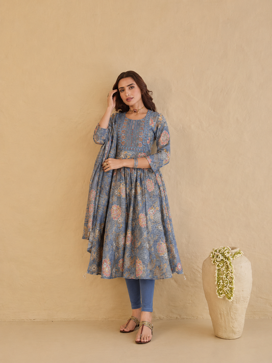 Kaviya Jyotika Umbrella Top – Steel Blue Blossom