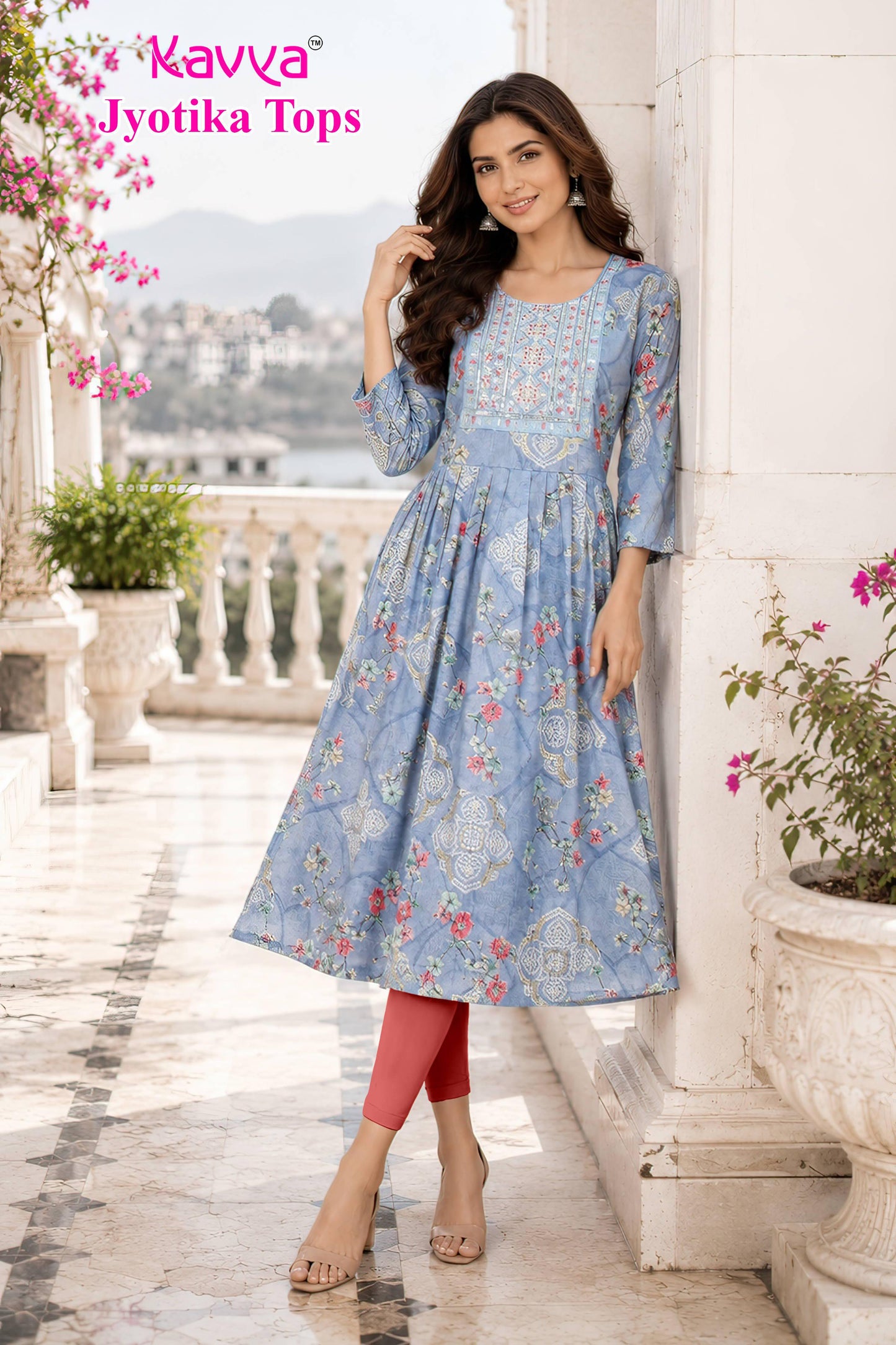 kaviya jyotika umbrella top – powder blue garden