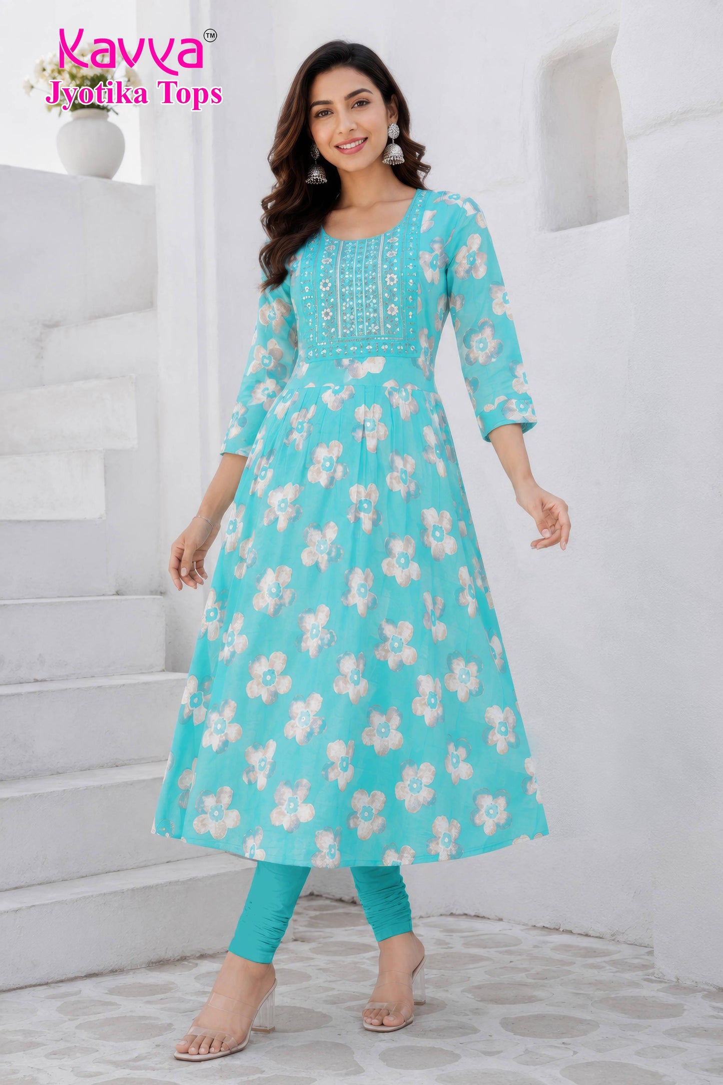 kaviya jyotika umbrella top – aqua blue daisy