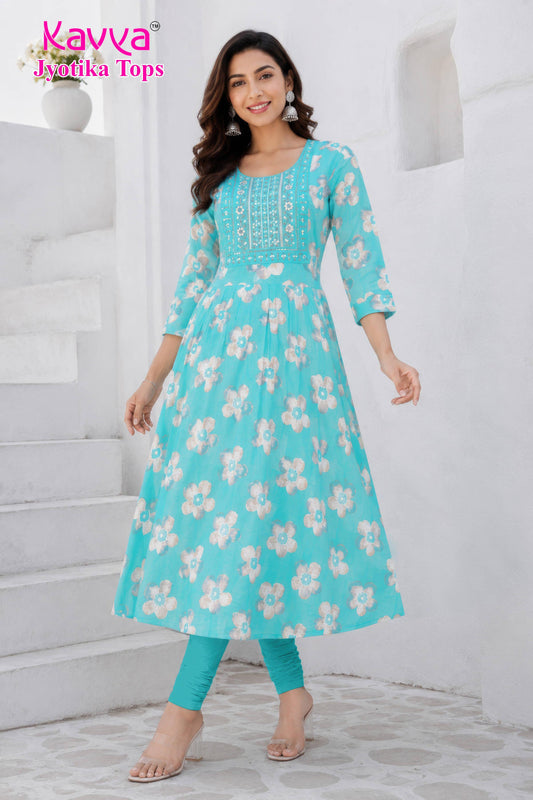 Kaviya Jyotika Umbrella Top – Aqua Blue Daisy