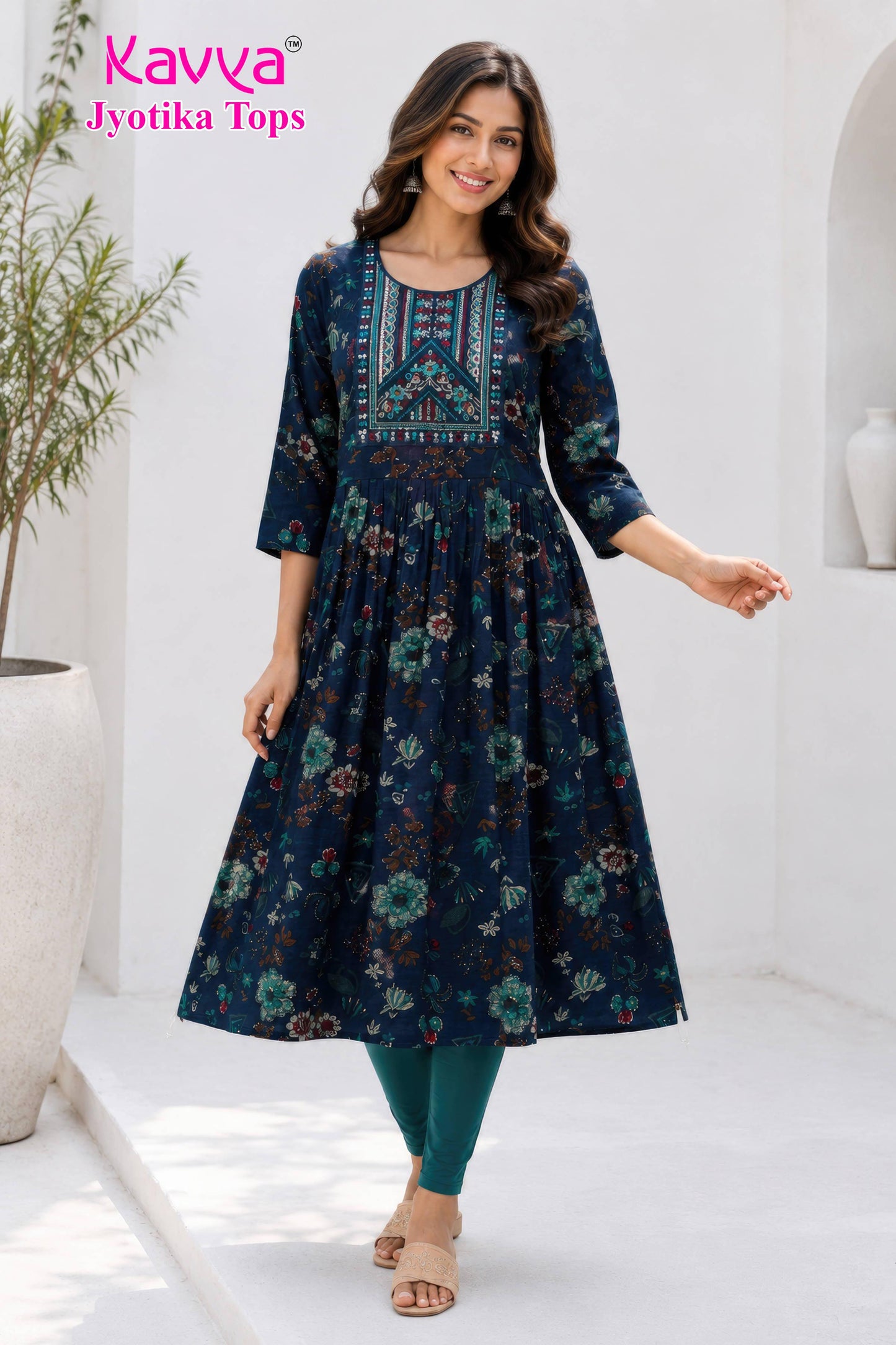 kaviya jyotika umbrella top – navy floral garden