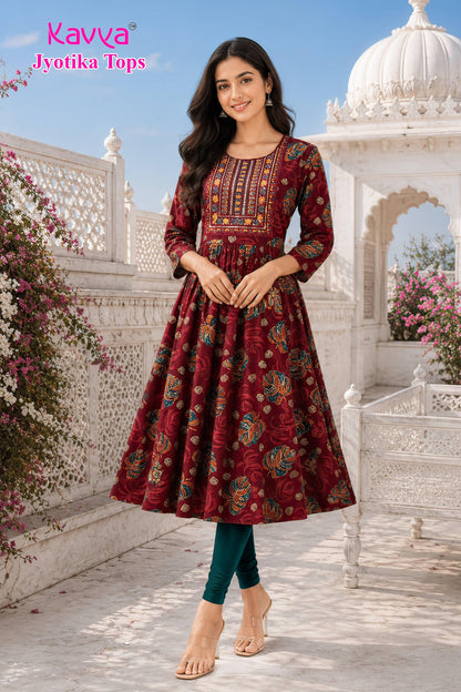 Kaviya Jyotika Umbrella Top – Maroon Leaf Elegance