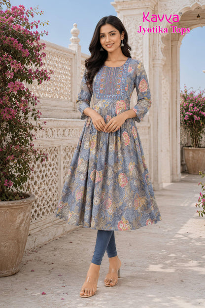 Kaviya Jyotika Umbrella Top – Steel Blue Blossom